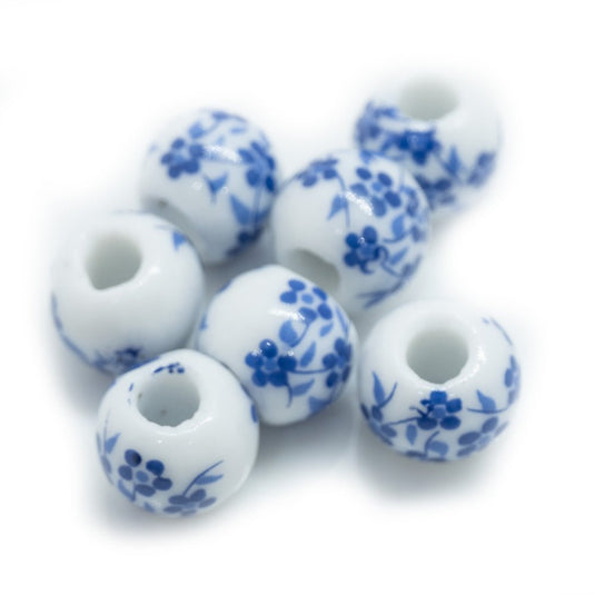 Round Ceramic Blossom Beads 8mm Blue & White - Affordable Jewellery Supplies