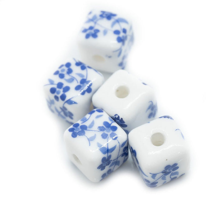 Square Ceramic Blossom Beads 8mm Blue & white - Affordable Jewellery Supplies