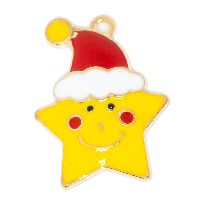 Enamel Star with Christmas Hat Charm 26mm x 19.5mm x 1.5mm Yellow, White, Red & Gold - Affordable Jewellery Supplies