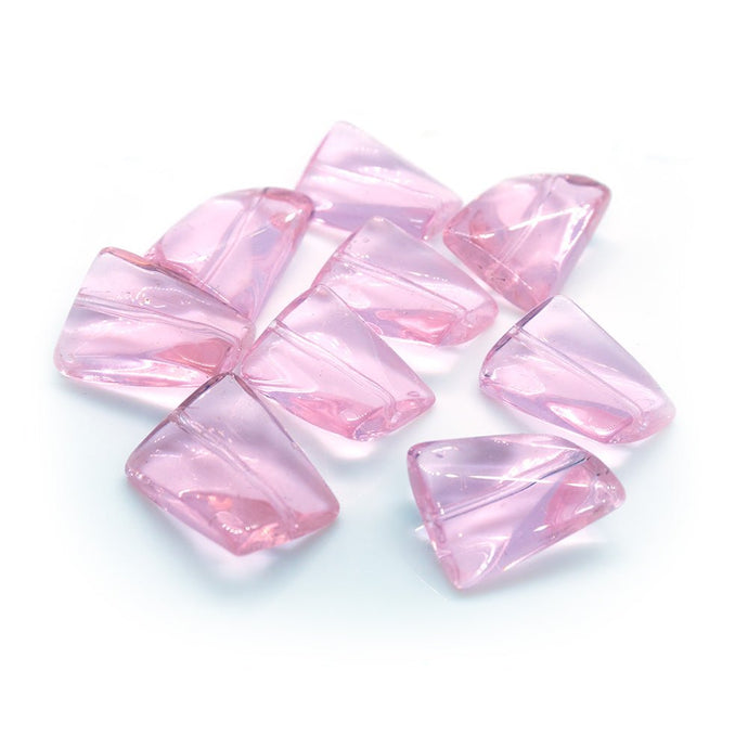 Flat Glass Twisted Rectangle Beads 14mm x 11mm x 5mm Pink - Affordable Jewellery Supplies