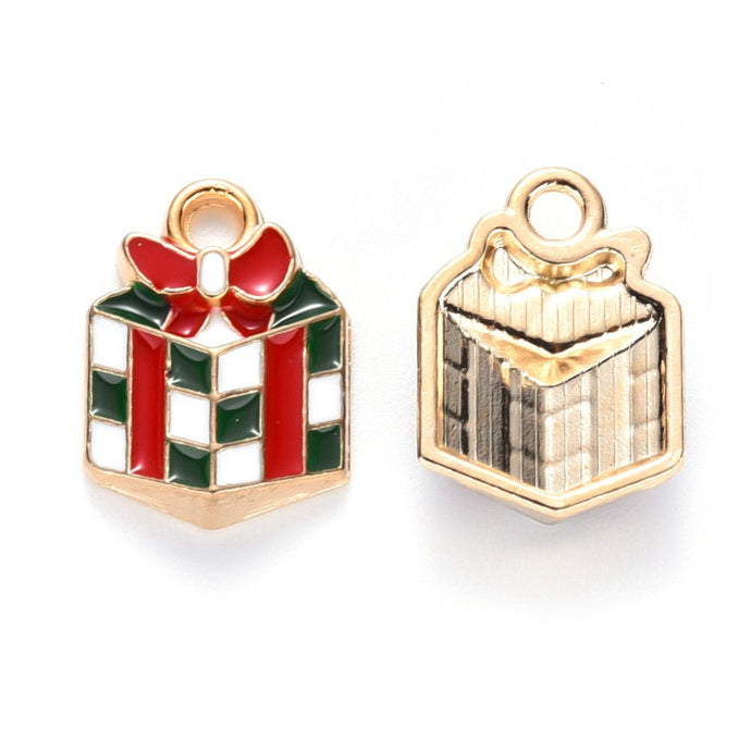 Alloy Enamel Christmas Present Charm 14mm x 10mm x 3mm Red / White / Green - Affordable Jewellery Supplies