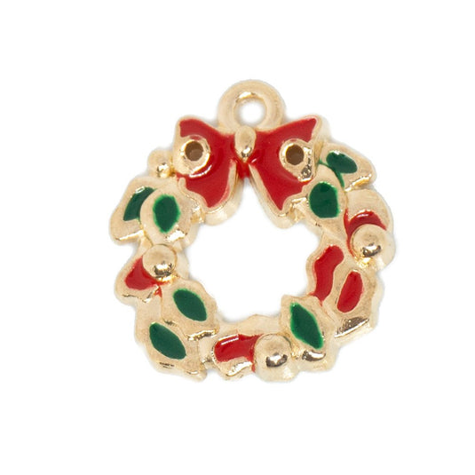 Enamel Christmas Wreath Charm 17.3mm x 15.4mm x 1.5mm Gold, Red & Green - Affordable Jewellery Supplies