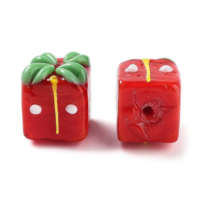 Christmas Gift Box Handmade Lampwork Beads 14mm x 12mm x 14mm Red - Affordable Jewellery Supplies