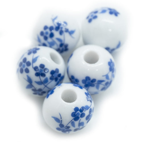 Round Ceramic Blossom Beads 10mm Blue & White - Affordable Jewellery Supplies