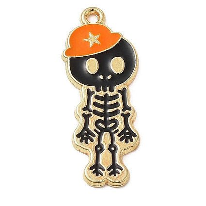 Alloy Enamel Skeleton with Hat Charm 32.5mm x 13mm x 1.5mm Orange - Affordable Jewellery Supplies