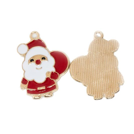 Enamel Santa Christmas Charm 23mm x 16.7mm x 1.5mm Red, White & Gold - Affordable Jewellery Supplies