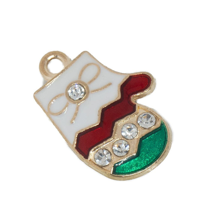 Enamel Christmas Mitten Charm 20mm x 13.3mm x 1.5mm Green, White, Red & gold - Affordable Jewellery Supplies