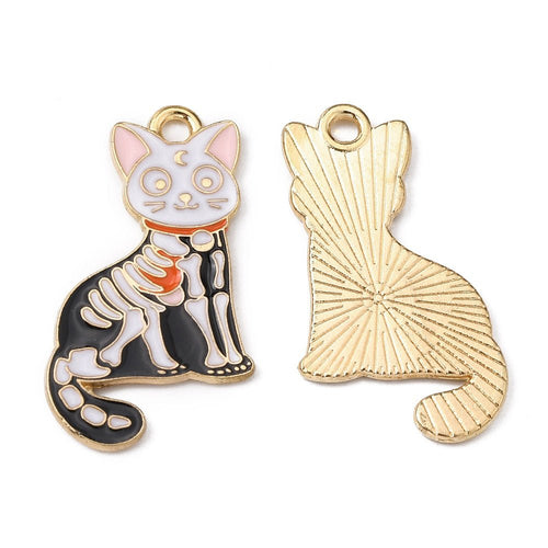 Alloy Enamel Skeleton Cat Charm 28mm x 16.5mm x 1.5mm Black / White / Gold / Pink / Orange - Affordable Jewellery Supplies