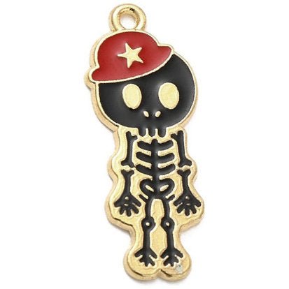 Alloy Enamel Skeleton with Hat Charm 32.5mm x 13mm x 1.5mm Red - Affordable Jewellery Supplies