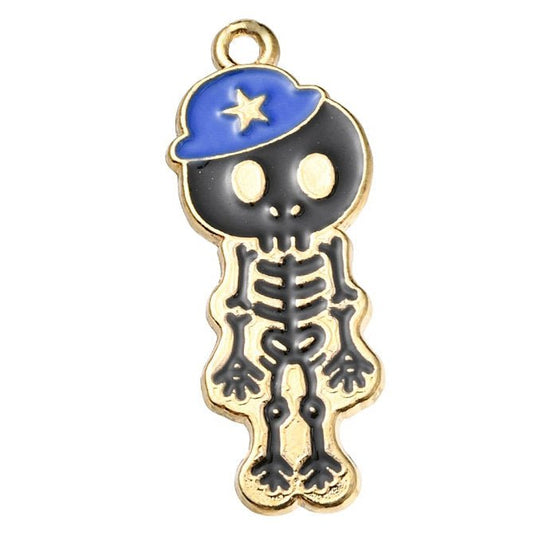 Alloy Enamel Skeleton with Hat Charm 32.5mm x 13mm x 1.5mm Blue - Affordable Jewellery Supplies