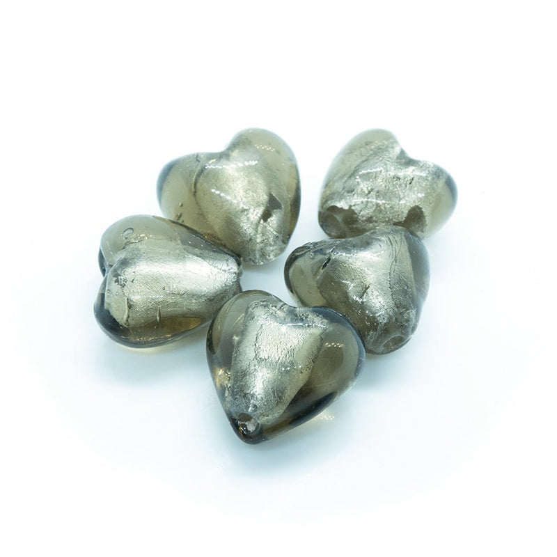 Load image into Gallery viewer, Handmade Silver Foil Lined Lampwork Heart Beads 12mm x 12mm x 9mm Grey - Affordable Jewellery Supplies
