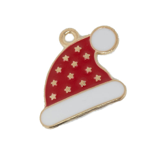 Enamel Christmas Hat Charm 17.7mm x 17mm x 1.5mm Red, White & Gold - Affordable Jewellery Supplies