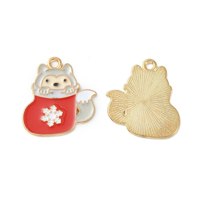 Christmas Stocking with Wolf Charm 24mm x 22mm x 1mm Red / White / Gold - Affordable Jewellery Supplies