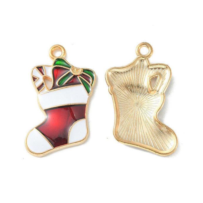 Christmas Stocking Charm 26mm x 17.5mm x 2.5mm Red / White / Gold / Green - Affordable Jewellery Supplies