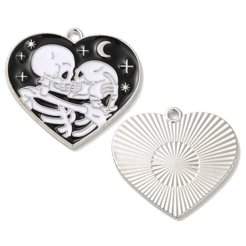 Alloy Enamel Heart with Skeletons Pendant 29mm x 28mm x 1.5mm Black / White / Platinum - Affordable Jewellery Supplies