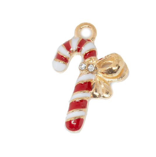 Enamel Candy Cane Christmas Charm 22mm x 14mm x 1.5mm Red, White & Gold - Affordable Jewellery Supplies