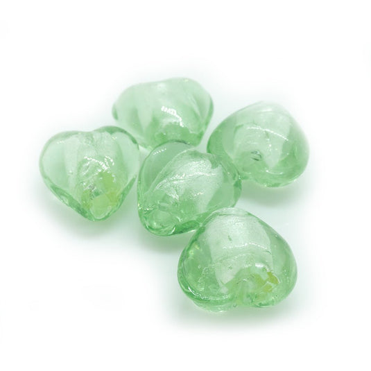 Handmade Silver Foil Lined Lampwork Heart Beads 12mm x 12mm x 9mm Green - Affordable Jewellery Supplies