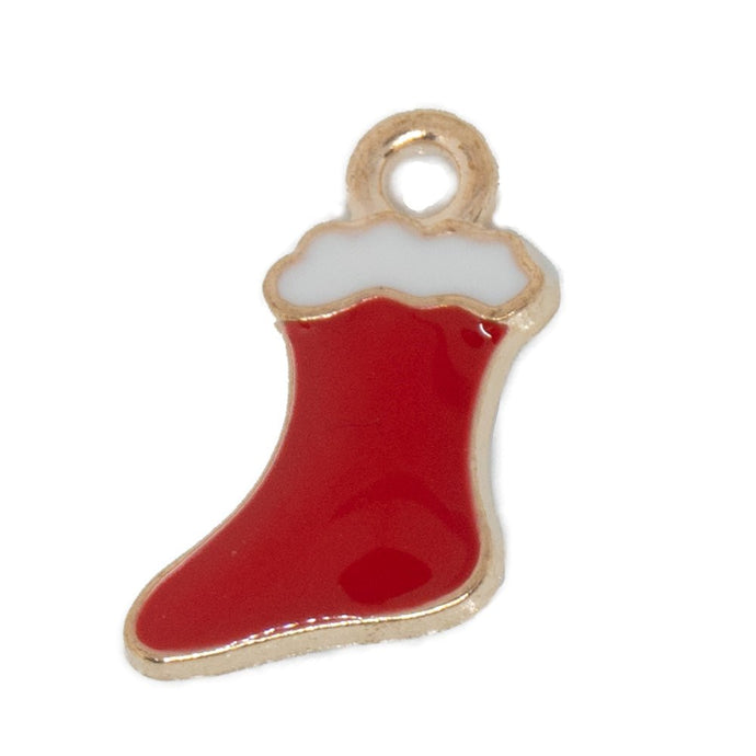 Enamel Christmas Stocking Charm 15mm x 8.7mm x 1.5mm Red, White & Gold - Affordable Jewellery Supplies