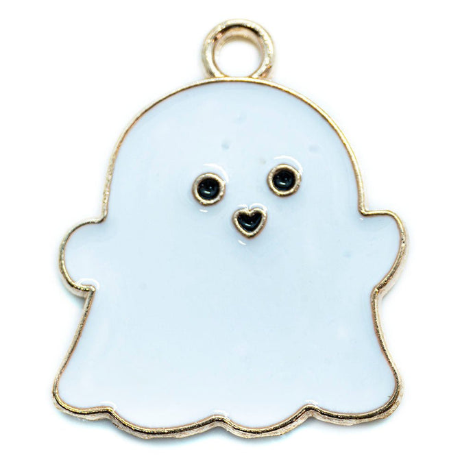 Enamel Ghost Charm 22mm x 18mm White and Gold - Affordable Jewellery Supplies