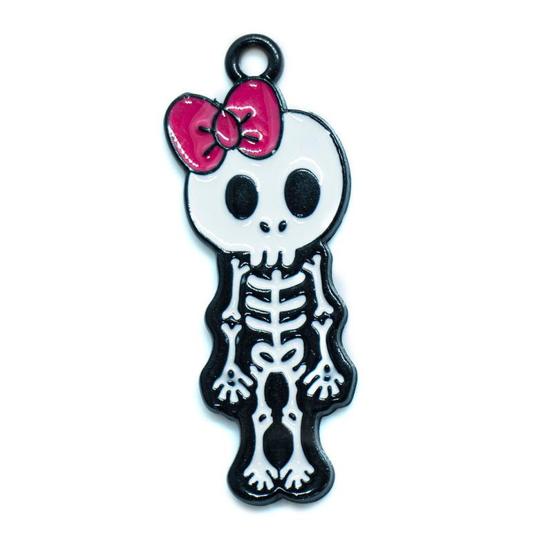 Load image into Gallery viewer, Enamel Skeleton Charm 34mm x 11mm Pink, Black &amp; White - Affordable Jewellery Supplies
