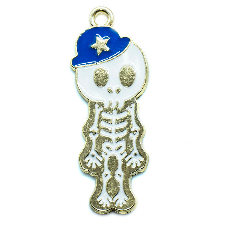 Load image into Gallery viewer, Enamel Skeleton Charm 34mm x 11mm Blue, Gold &amp; White - Affordable Jewellery Supplies
