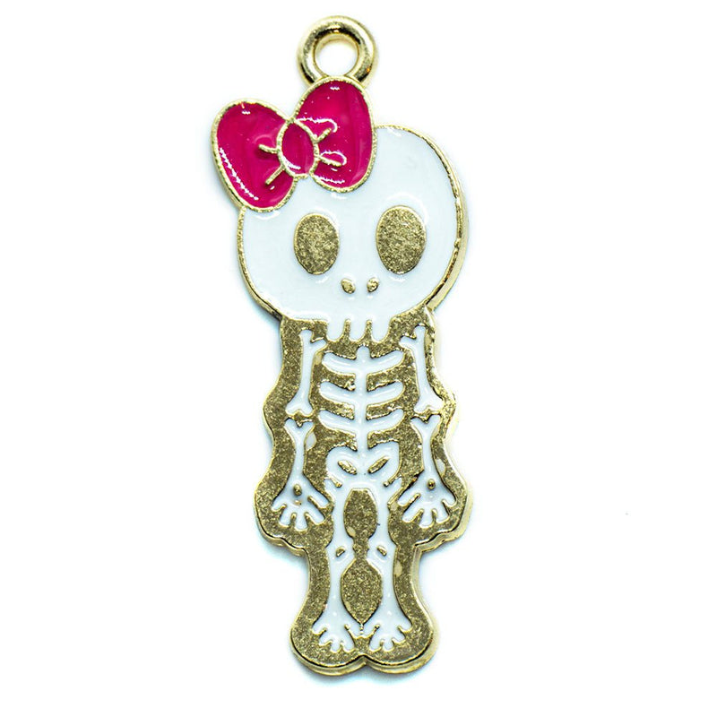 Load image into Gallery viewer, Enamel Skeleton Charm 34mm x 11mm Pink, Gold &amp; White - Affordable Jewellery Supplies
